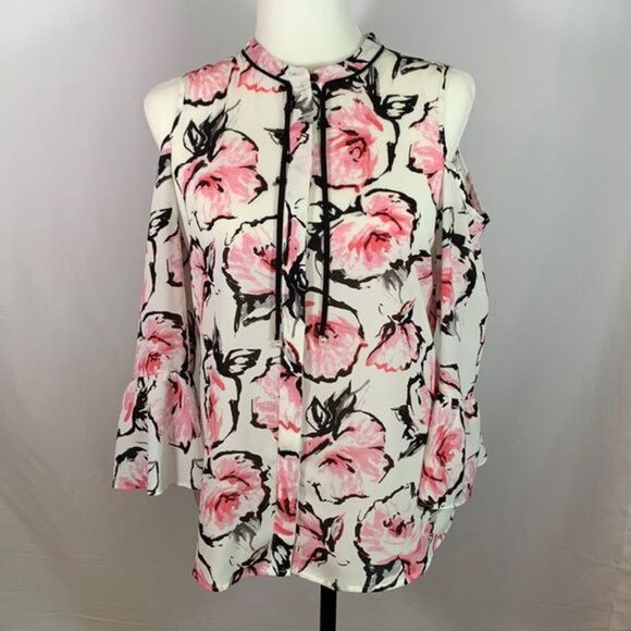 Karl Lagerfeld Tops - Karl Lagerfeld White, Black & Pink Floral Cold Shoulder Blouse Top